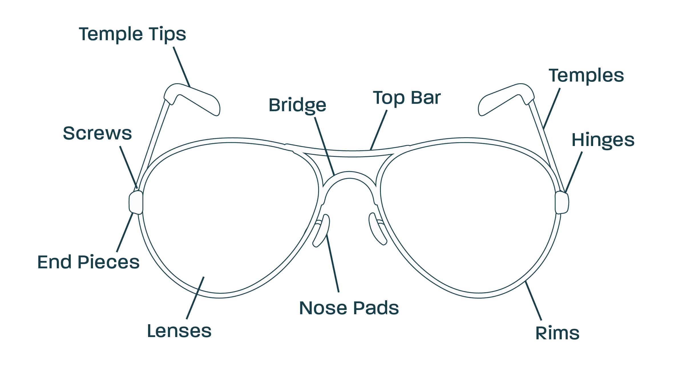 A graphic indicating where the different parts of a pair of glasses are located on the frame