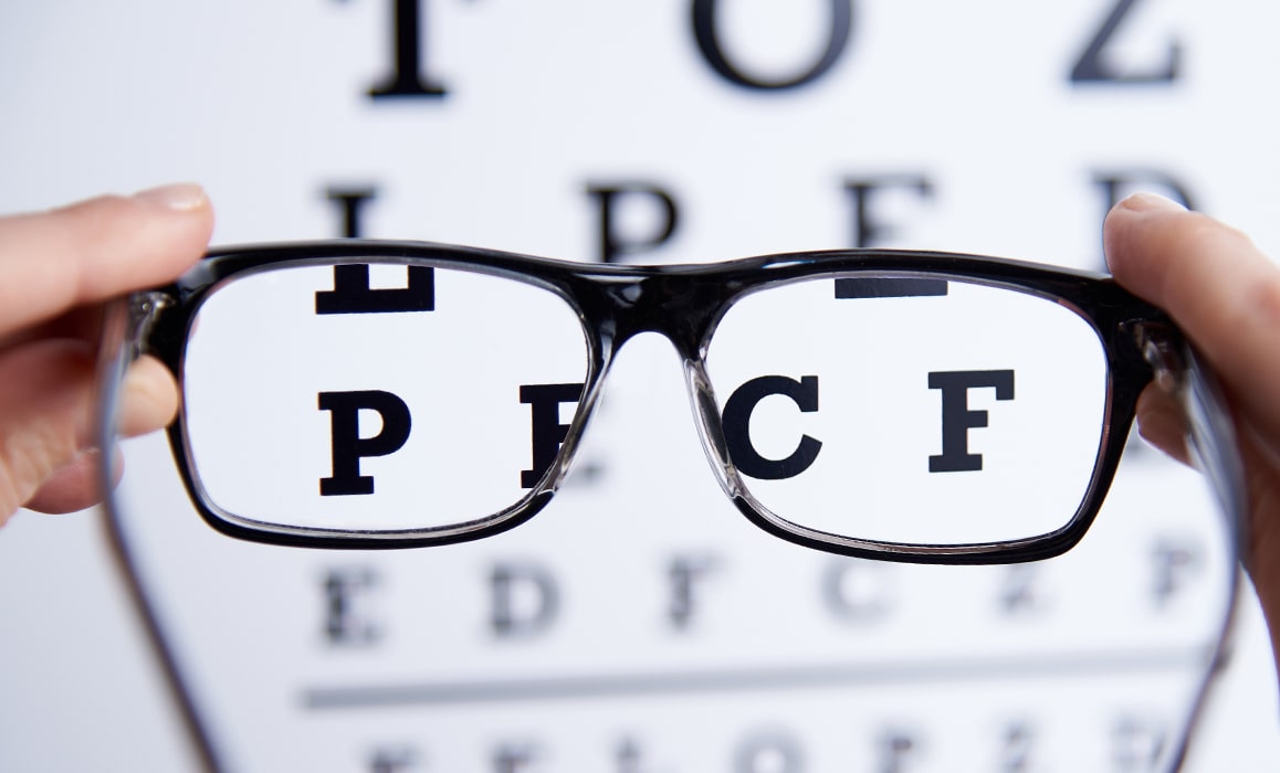 An eye chart appearing more focused through a pair of glasses