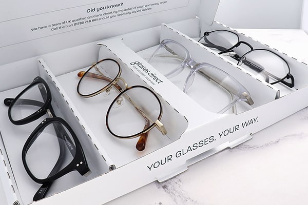 Four pairs of frames in a Glasses Direct Home Trial box