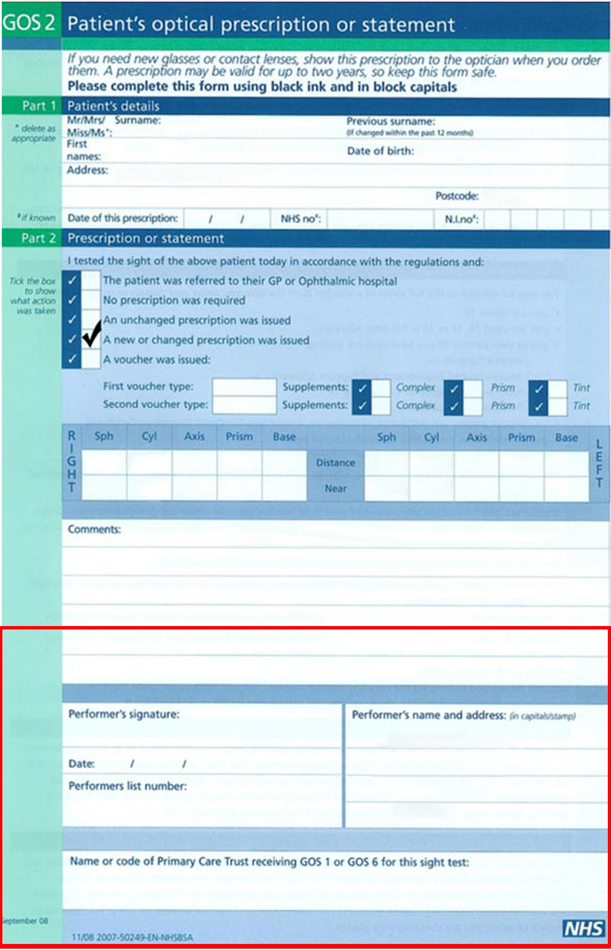 NHS optical prescription with the section highlighted that needs to be filled in for you to be able to use it at any store