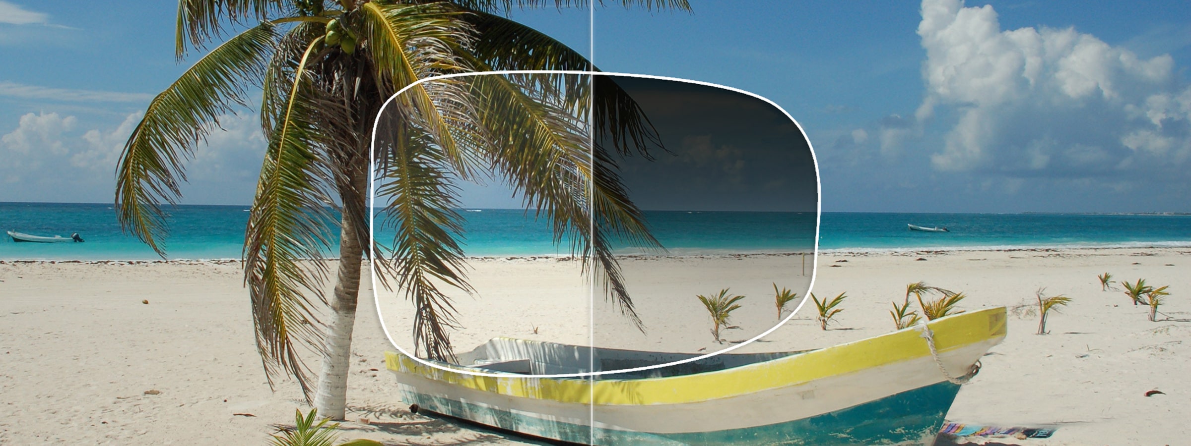 View of a sunny beach through a lens with and without a gradient tint