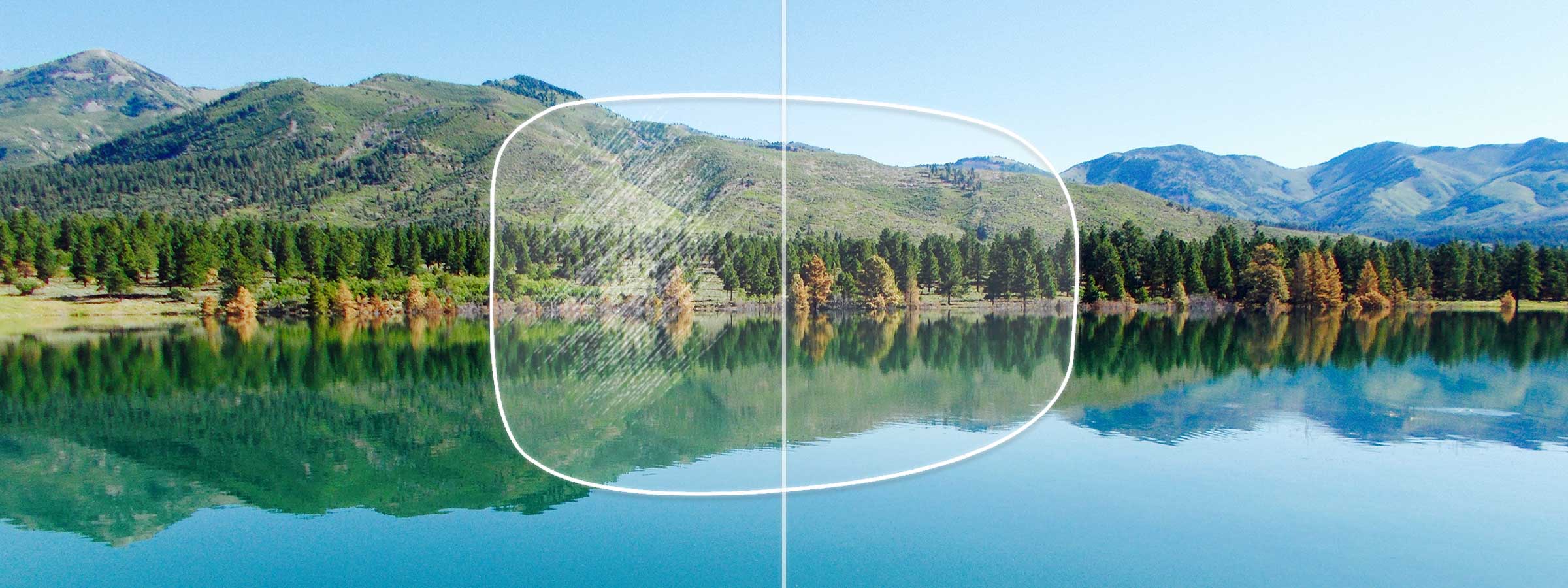 View of a lakeside forest through a lens with and  without a hard coating