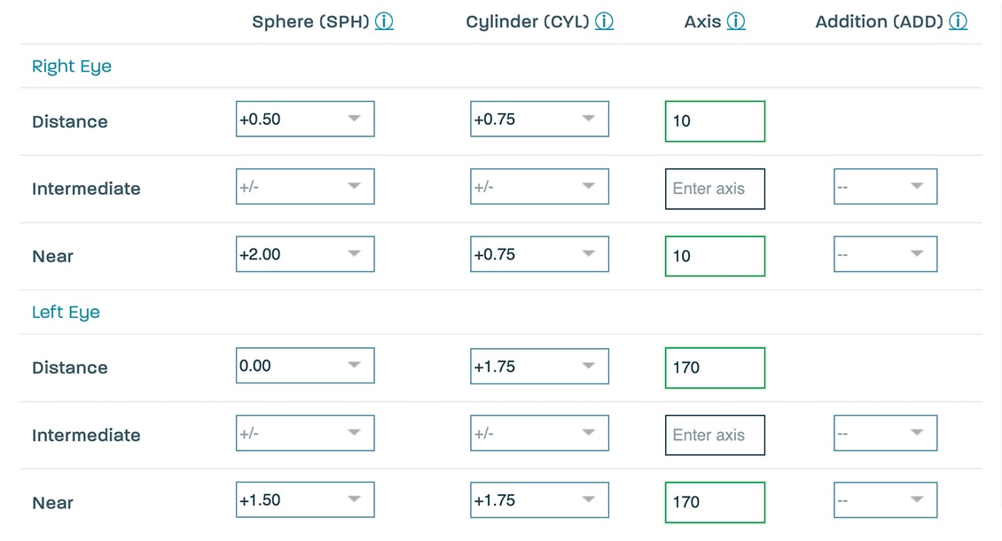 Example NHS Scotland prescription entered on Glasses Direct