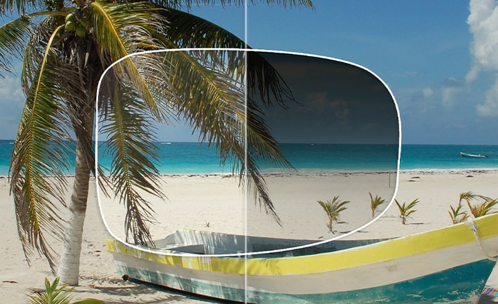 View of a sunny beach through a lens with and without a gradient tint