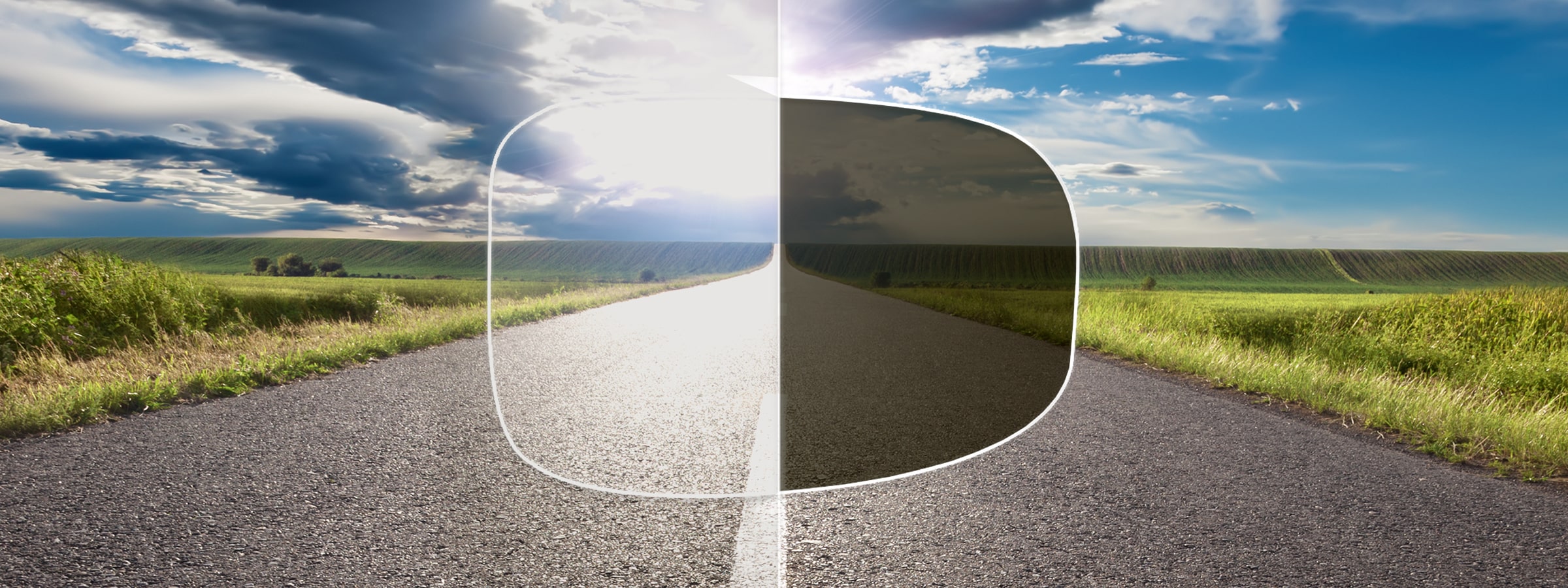View of a country road through a lens with and without a polarised tint