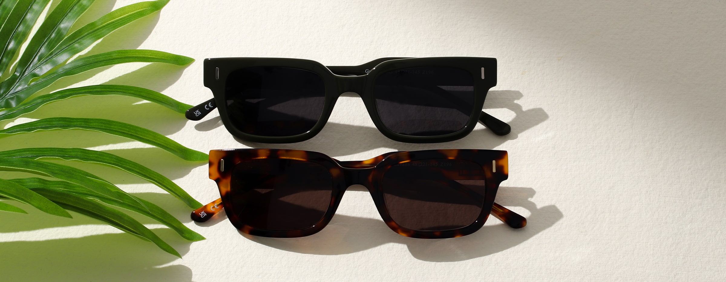 A black and a tortoiseshell pair of sunglasses lying on a table next to a palm frond