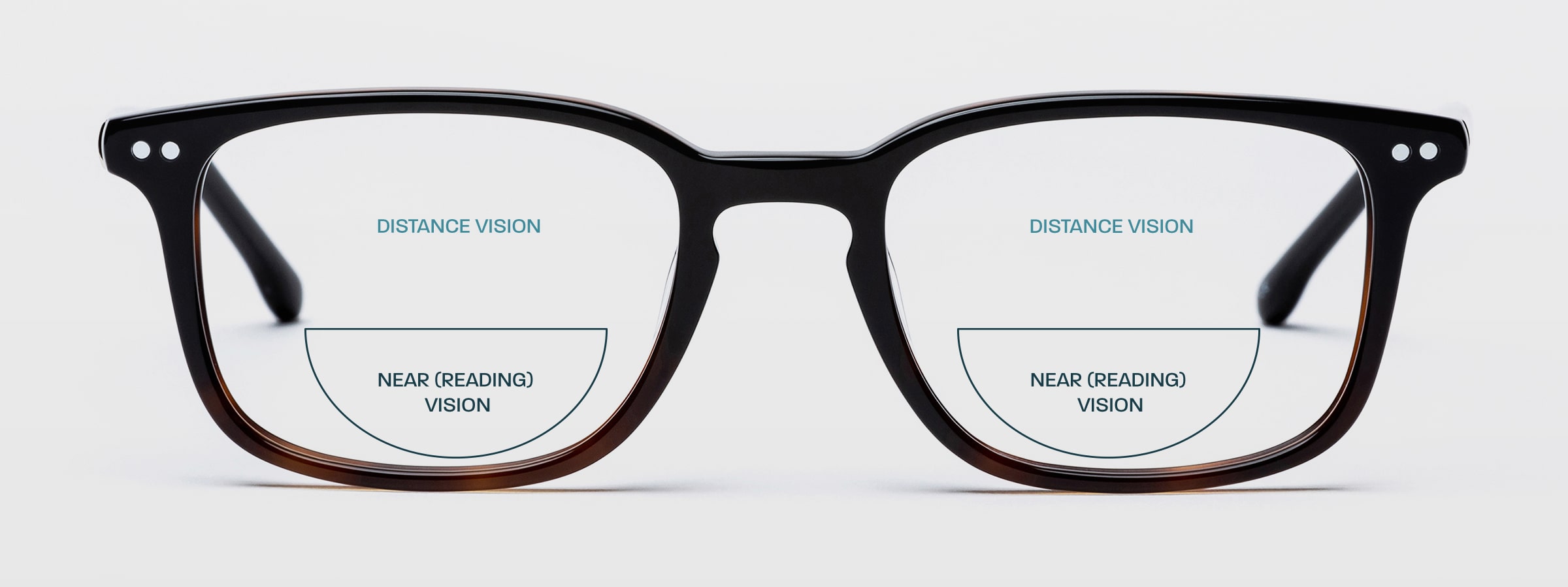 A pair of bifocal glasses with the sections for different distances highlighted