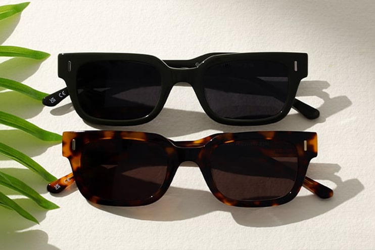A black and a tortoiseshell pair of sunglasses lying on a table next to a palm frond