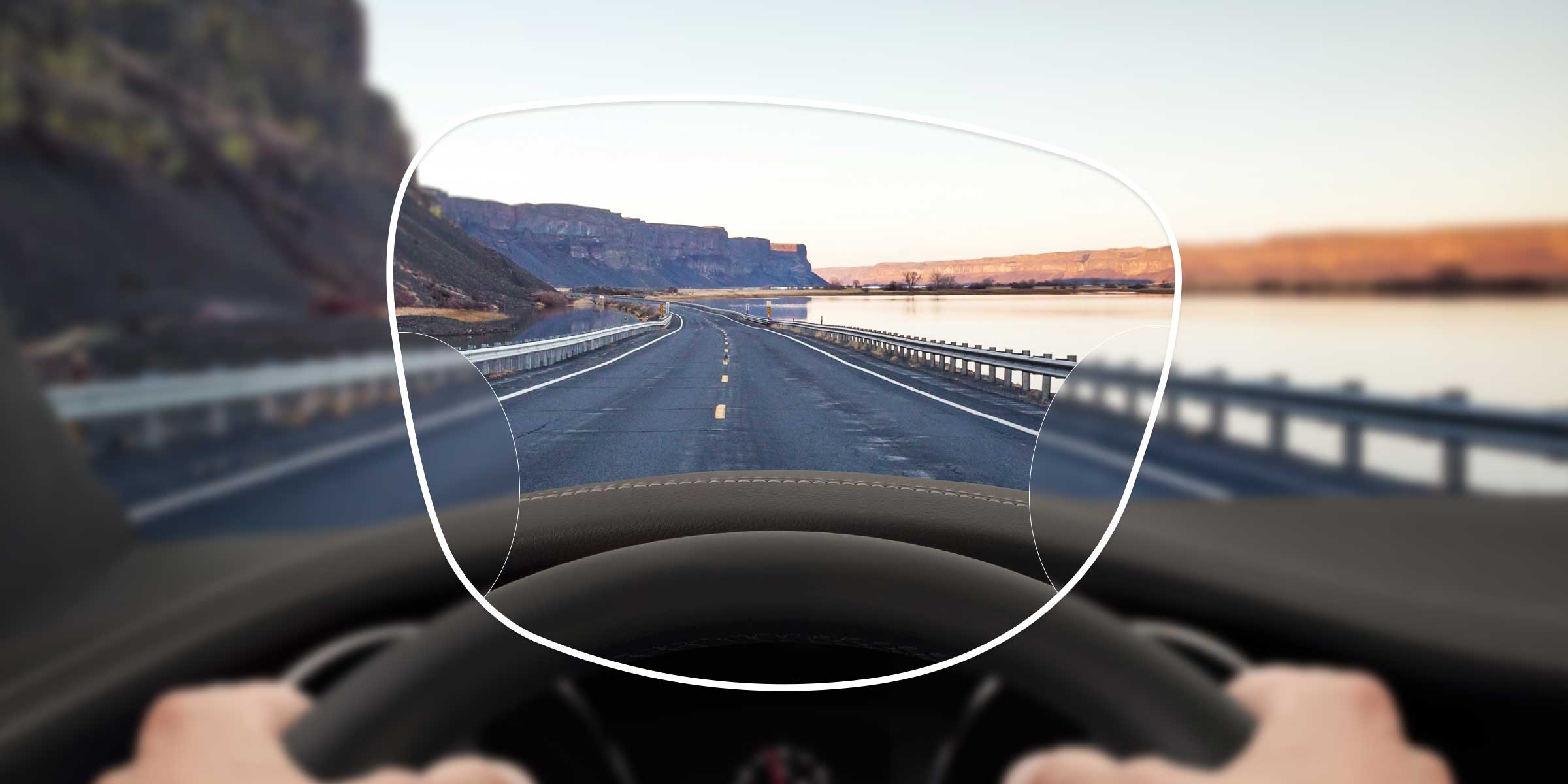 View of a motorway from the driver's seat through a varifocal supreme HD lens