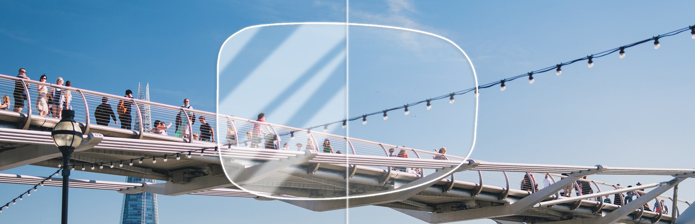 View of people on a bridge through a lens with and without an anti-reflection coating