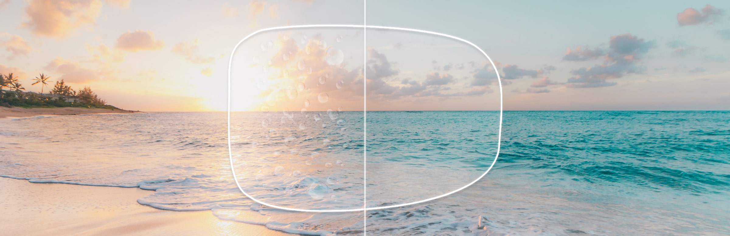 View of ocean through a lens with and without a water-repellent coating