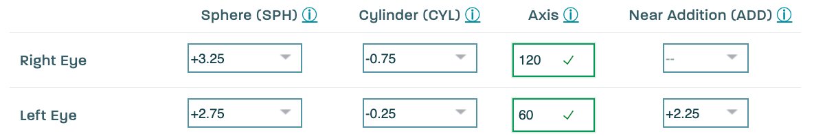 Example NHS prescription entered on Glasses Direct