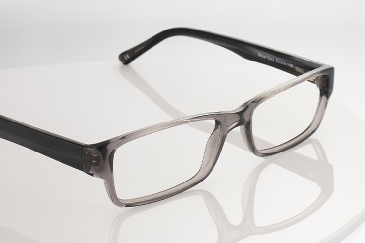 A grey, rectangular glasses frame