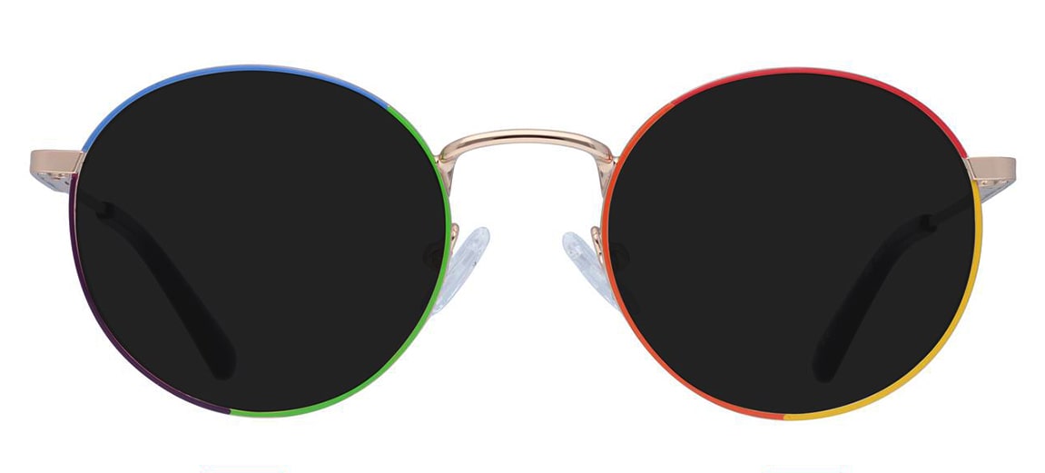 Round metal sunglasses with a rainbow-coloured frame