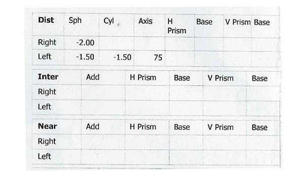 Example of a Vision Express prescription