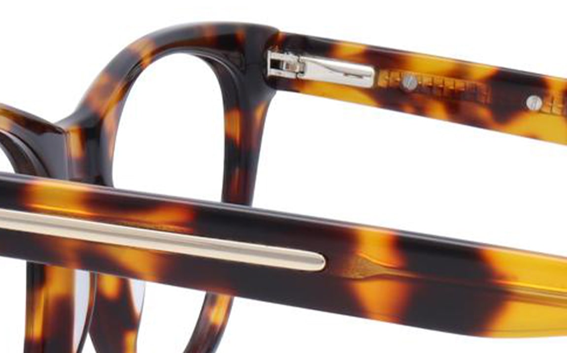 Close-up of a glasses frame, zooming in on the hinges