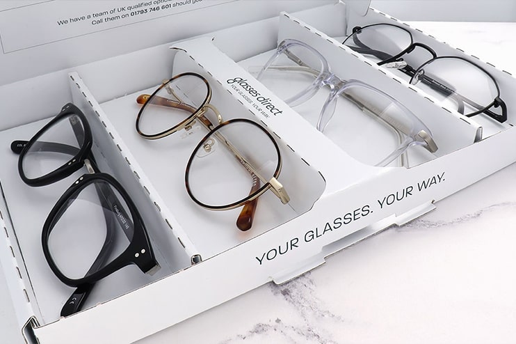 Four frames inside a Glasses Direct Home Trial box