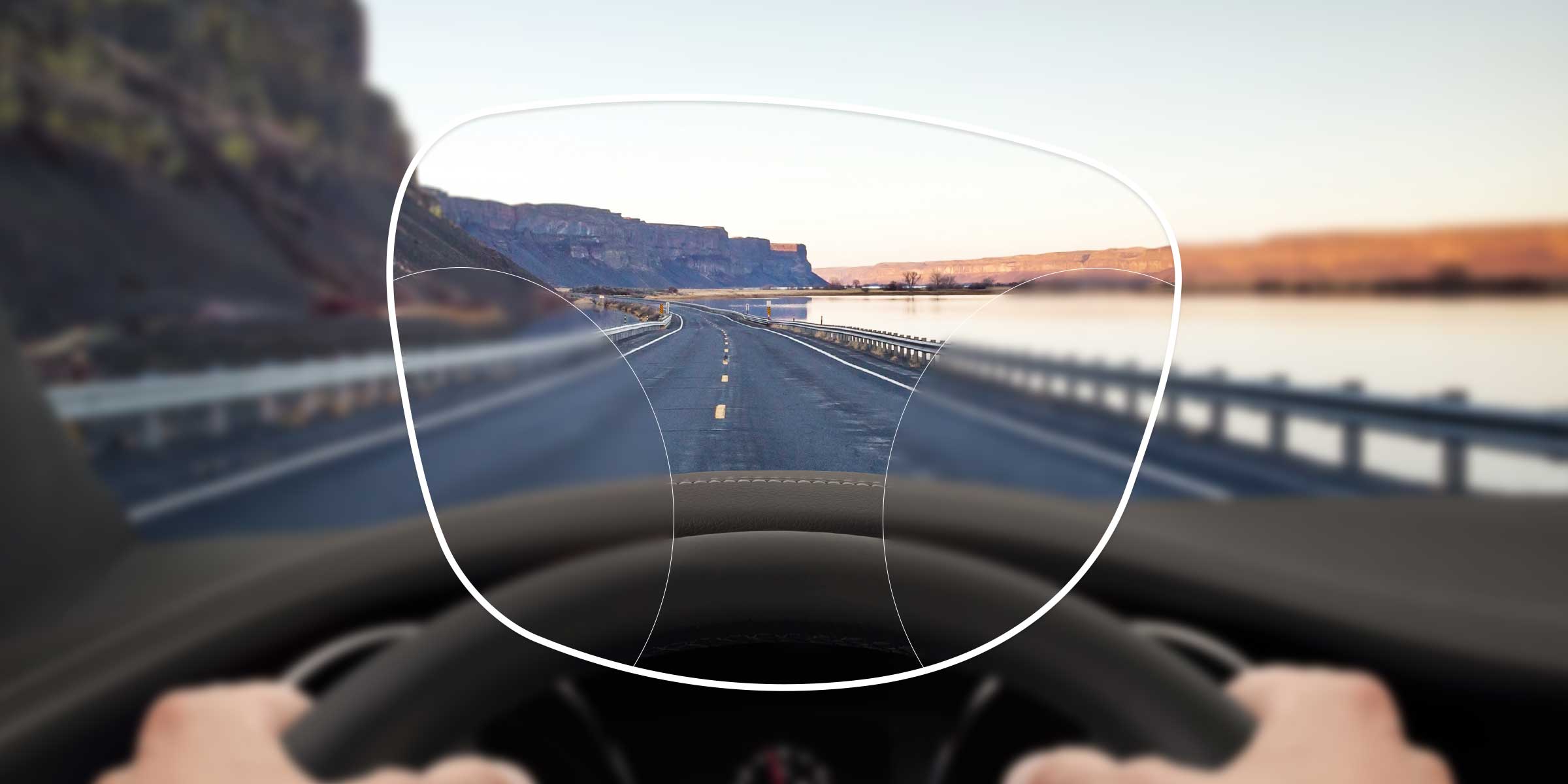 View of a motorway from the driver's seat through a varifocal advanced lens