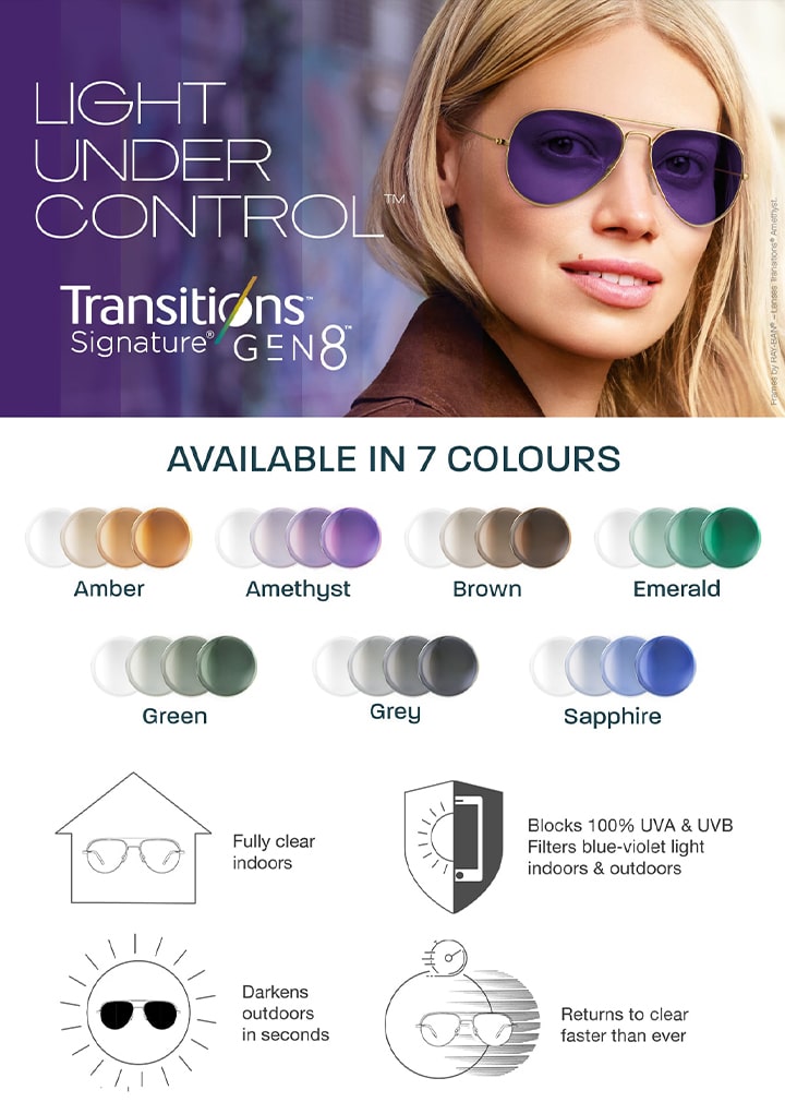 Light Under Control - Transitions® Signature® GEN8™: Available in 7 colours. Fully clear indoors. Blocks 100% UVA & UVB. Filters blue-violet light indoors & outdoors. Darkens outdoors in seconds. Returns to clear faster than ever.