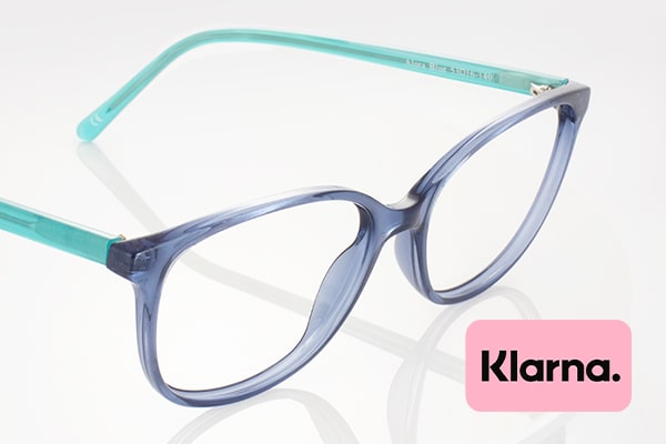 A pair of blue and teal plastic frames next to the Klarna logo