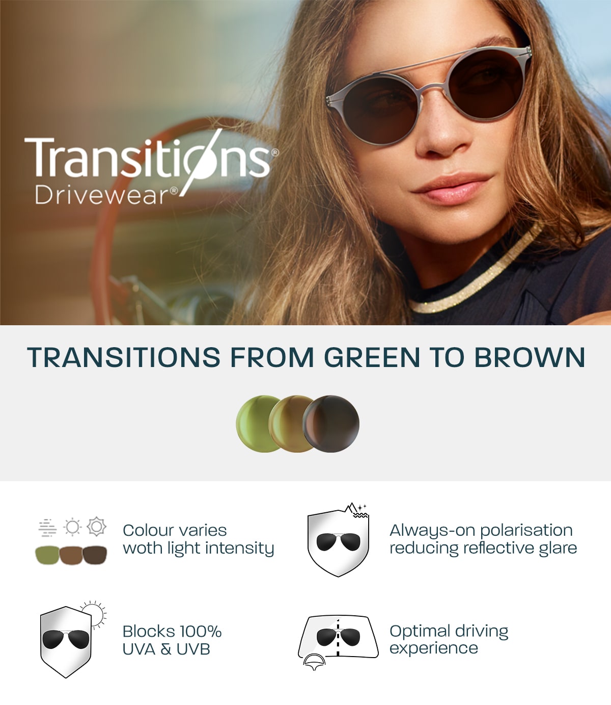 Transitions® Drivewear®: Transitions from green to brown. Colour varies with light intensity. Always-on polarisation reducing reflective glare. Blocks 100% UVA & UVB. Optimal driving experience.