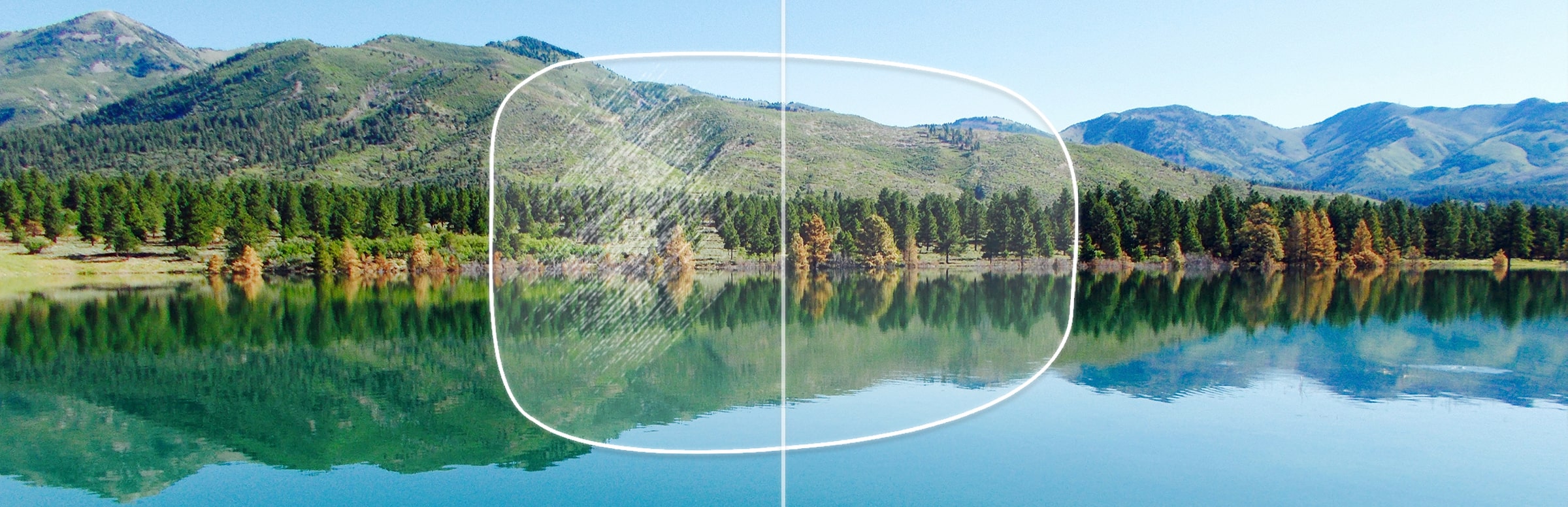 View of a lakeside forest through a lens with and  without a hard coating