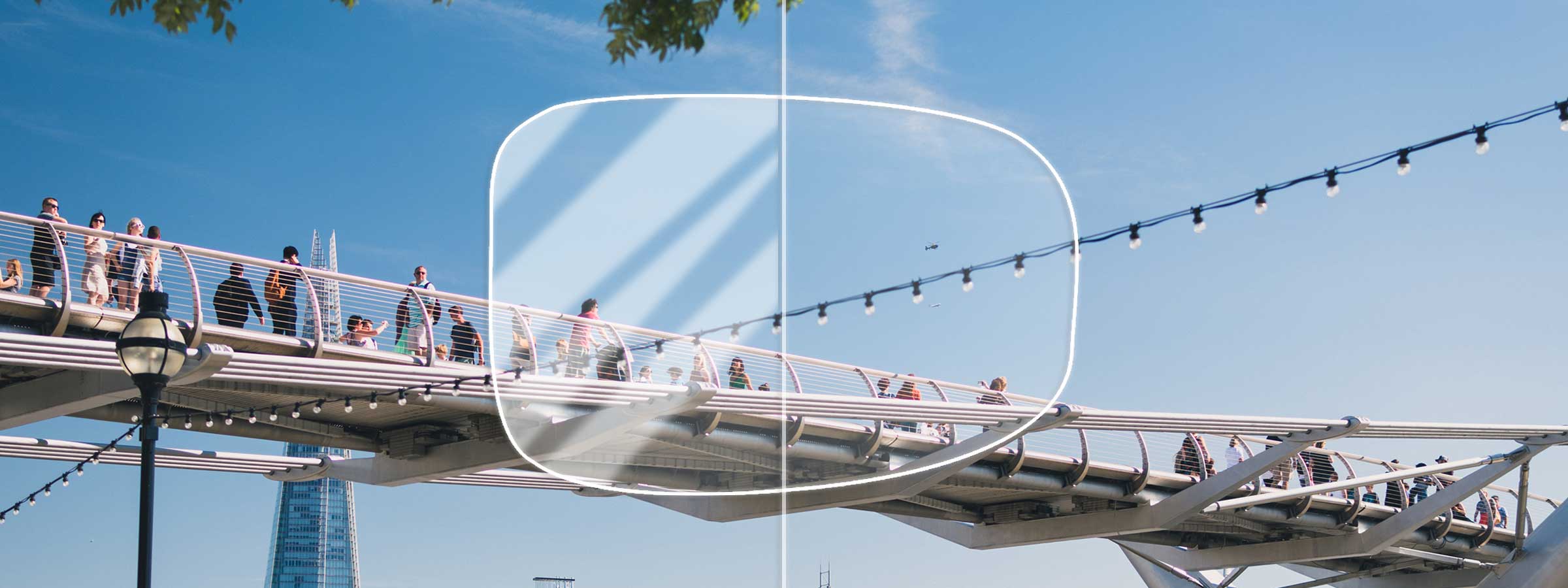 View of people on a bridge through a lens with and without an anti-reflection coating