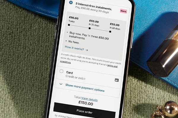 A mobile phone screen showing a detailed breakdown for a Klarna pay in 3 order